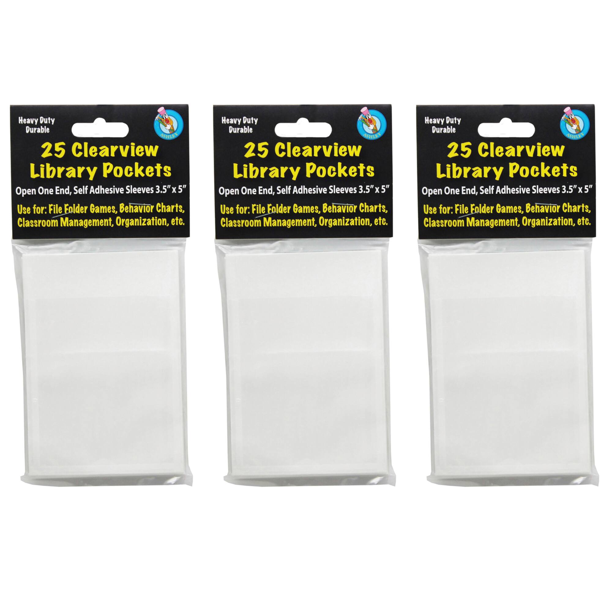 Ashley Productions® 3.5" x 5" Clear View Self-Adhesive Library Pocket, 3 Packs of 25